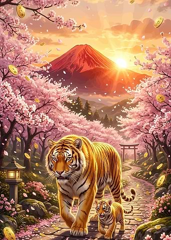 Tigers under Cherry Blossoms with Mount Fuji
