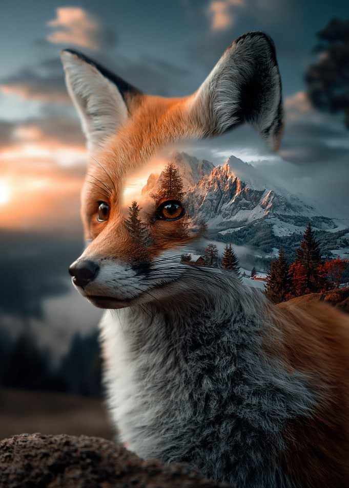 Fox with Mountain Landscape Overlay