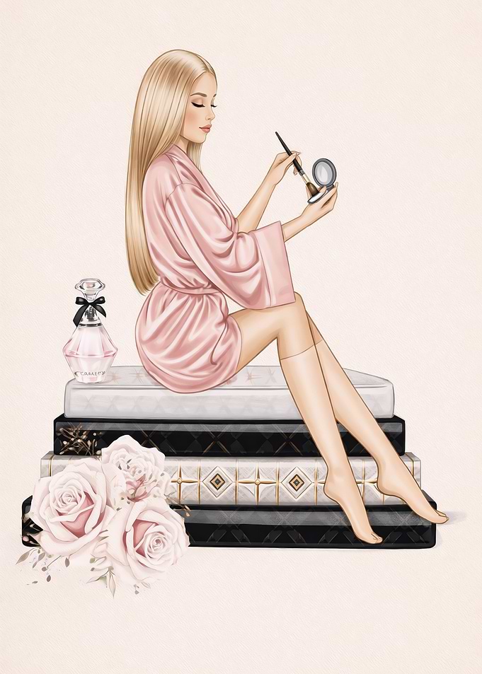 Woman Applying Makeup on Stack of Books