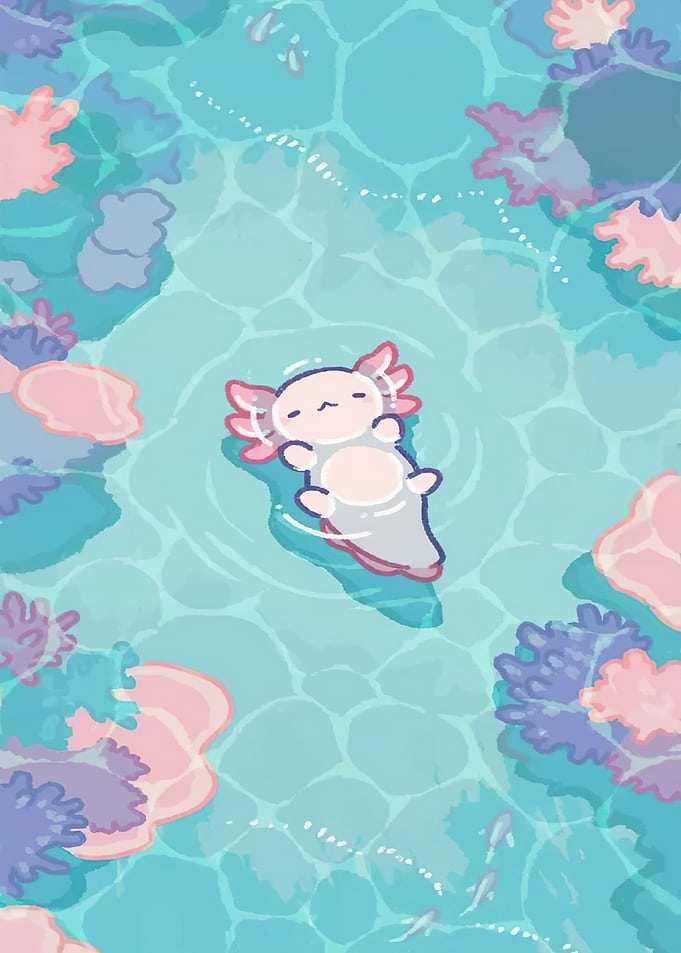 Cute Axolotl Floating in Coral Reef