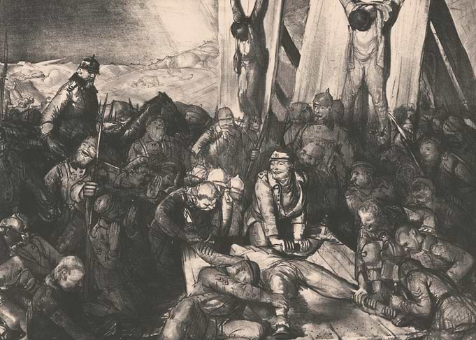 War scene with soldiers and casualties