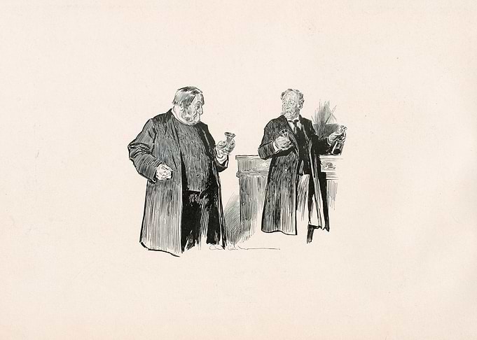 Two men in Victorian attire holding vials