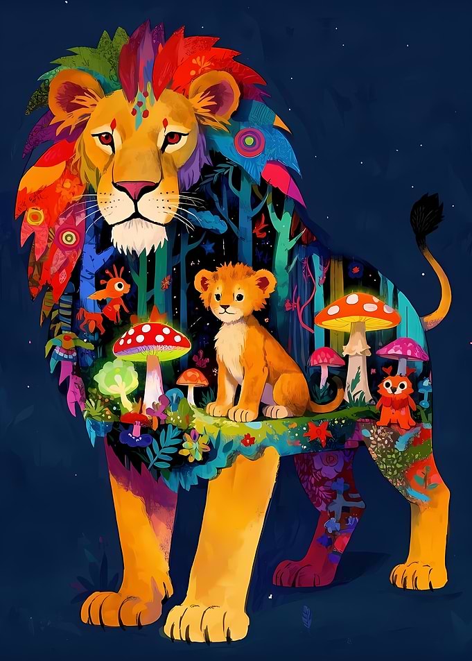 Magical Lion and Cub in Enchanted Forest