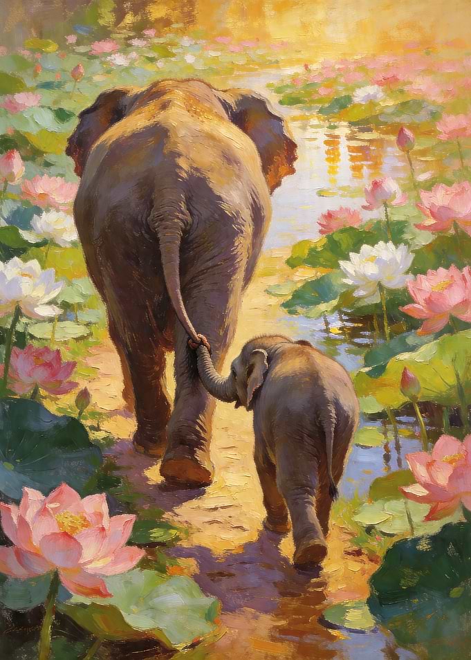 Mother and Baby Elephant in Lotus Pond