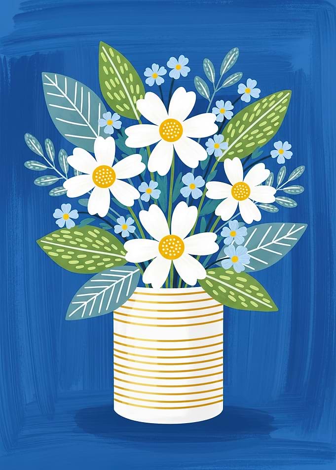 White Daisy Bouquet in Striped Vase