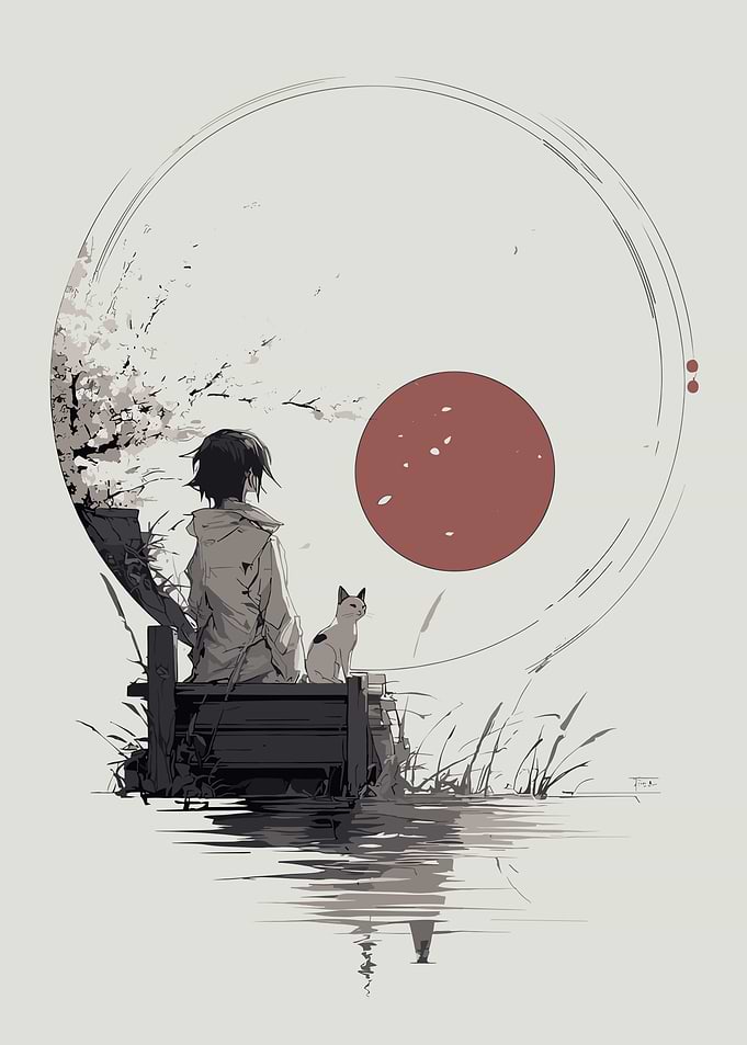 Anime girl and cat by the water