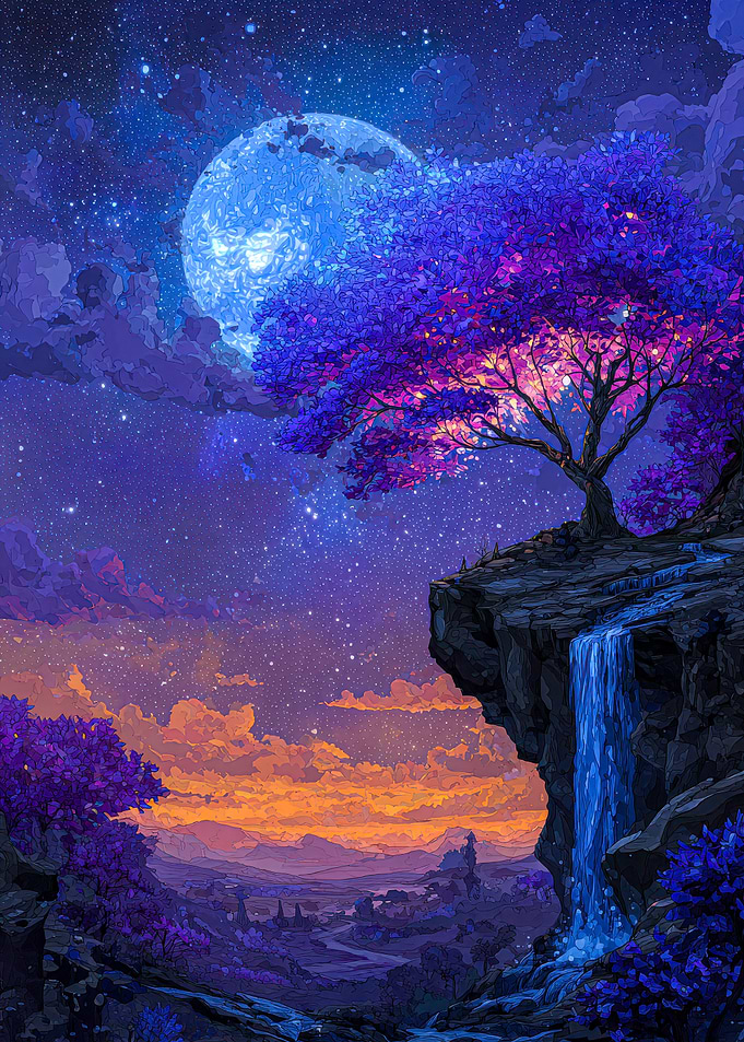 Enchanted Night Landscape with Waterfall