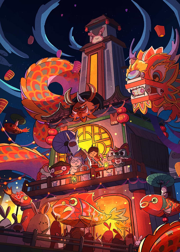 Asian Festival with Dragons and Lanterns