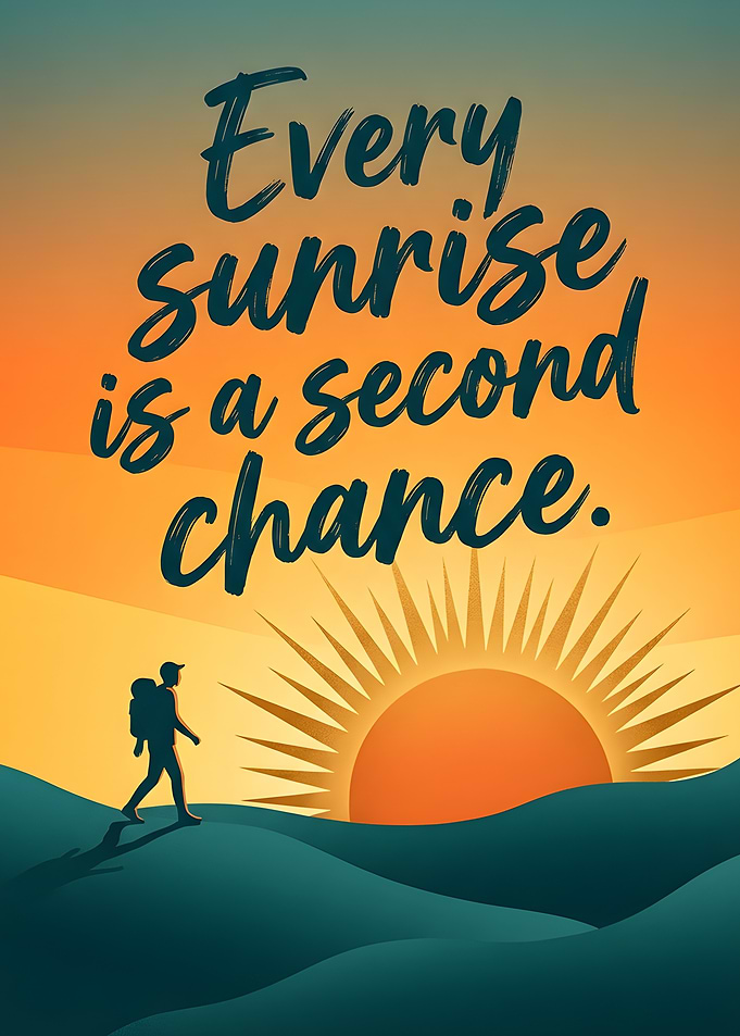 Sunrise hiker with inspirational quote