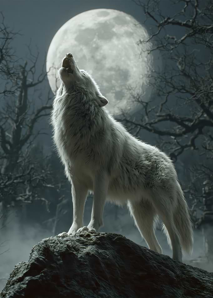 White Wolf Howling at the Moon
