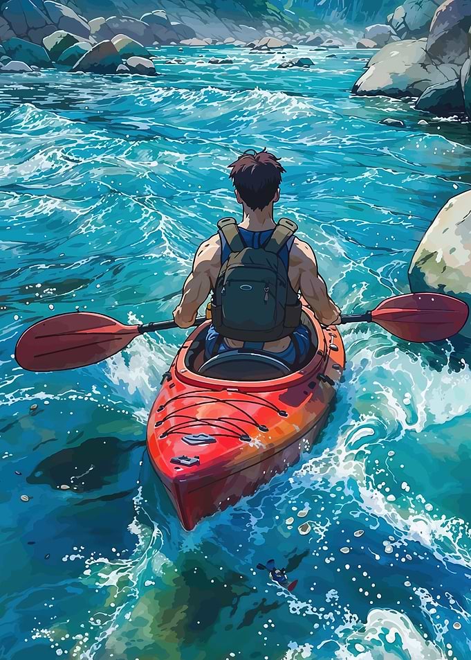 Man kayaking down a river