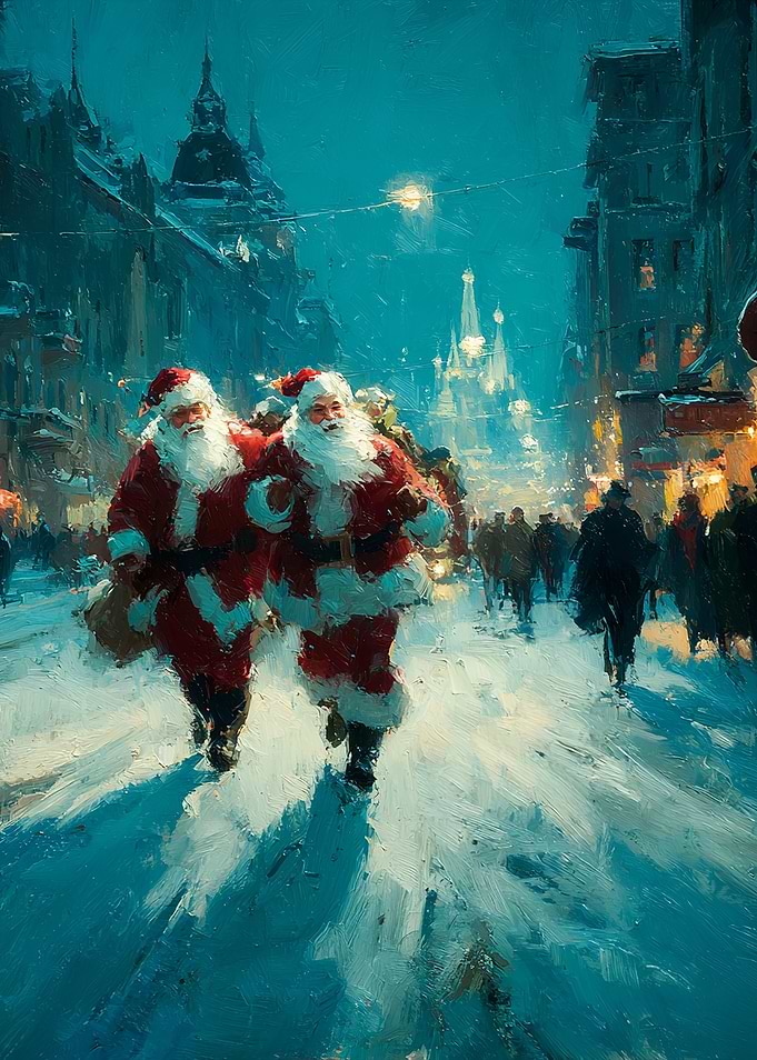 Two Santas walking in a snowy city