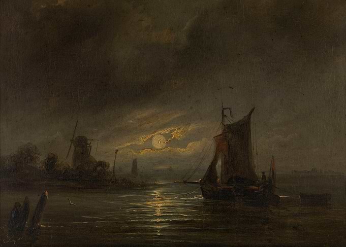 Moonlit seascape with sailboat and windmill