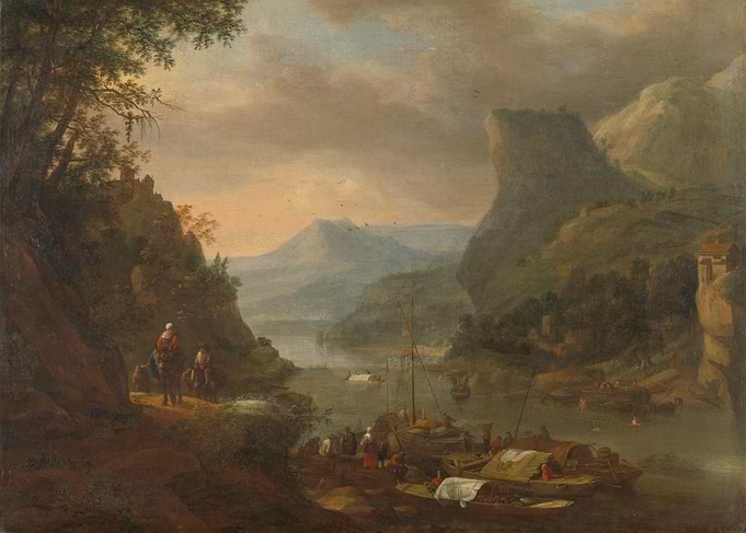 River Landscape with Boats and Figures