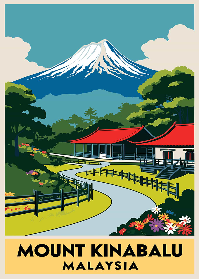 Mount Kinabalu Vintage Travel Poster