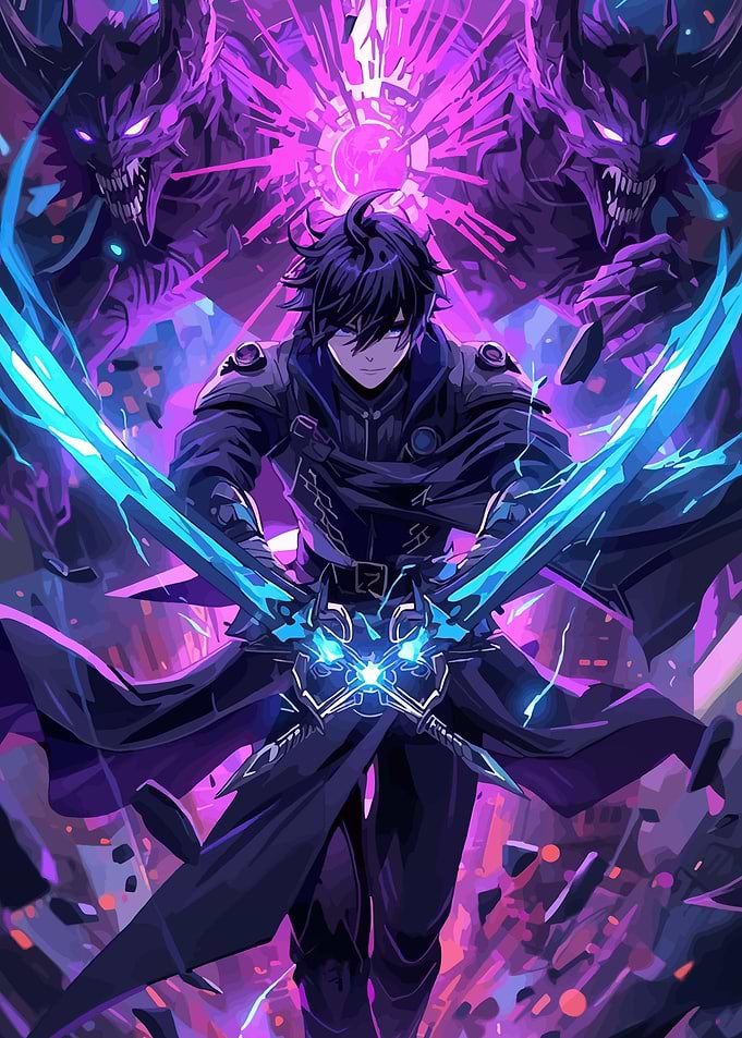 Anime warrior with glowing swords