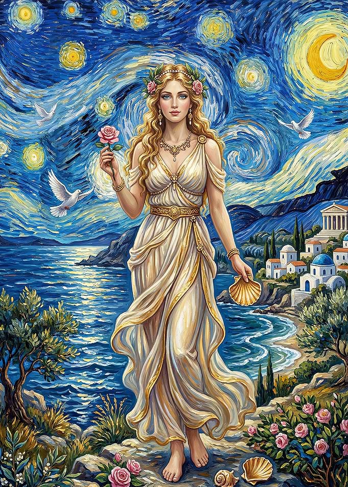 Aphrodite in a Starry Night Landscape