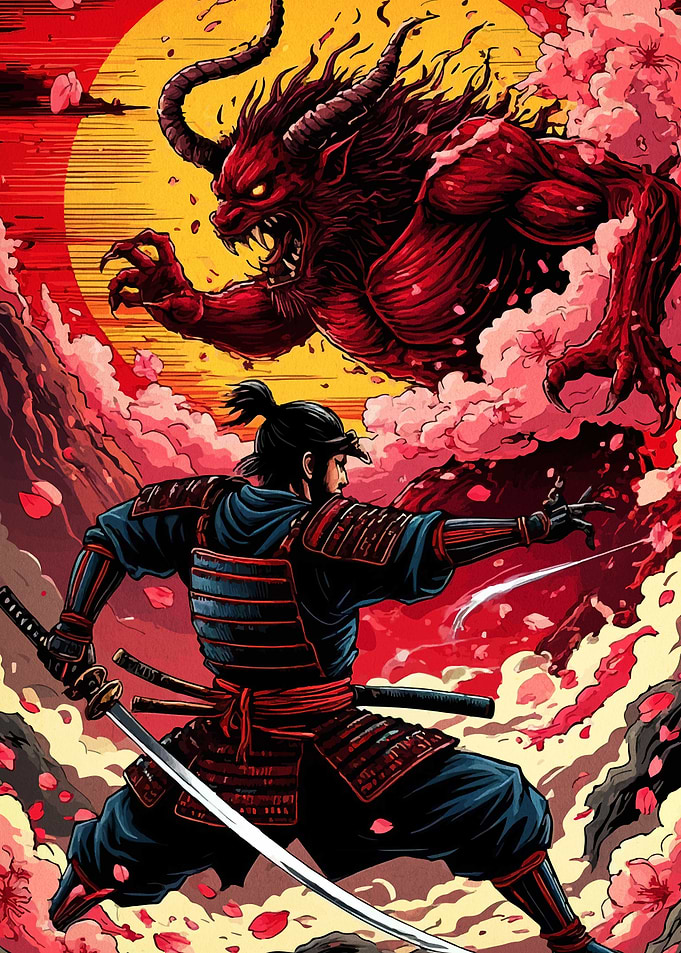Samurai Fighting a Demon