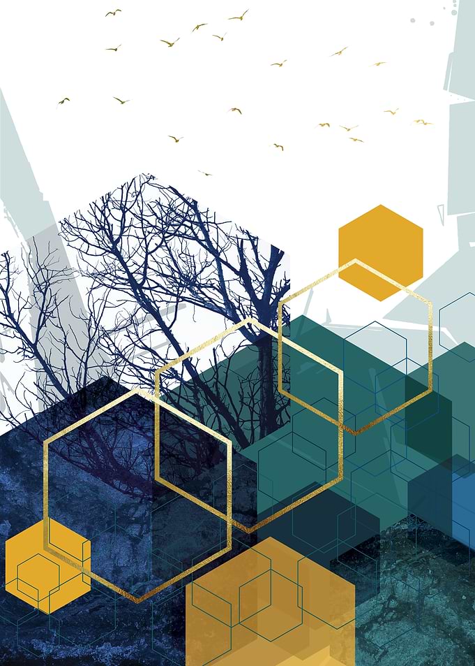 Geometric Landscape with Birds