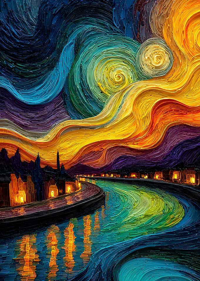 Starry Night River Cityscape