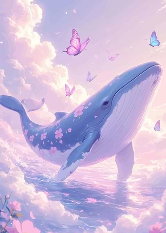 Whale and Butterflies in Clouds