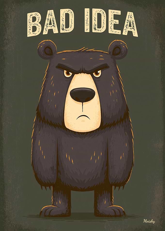 Bad Idea – Angry Bear Funny Cartoon Poster