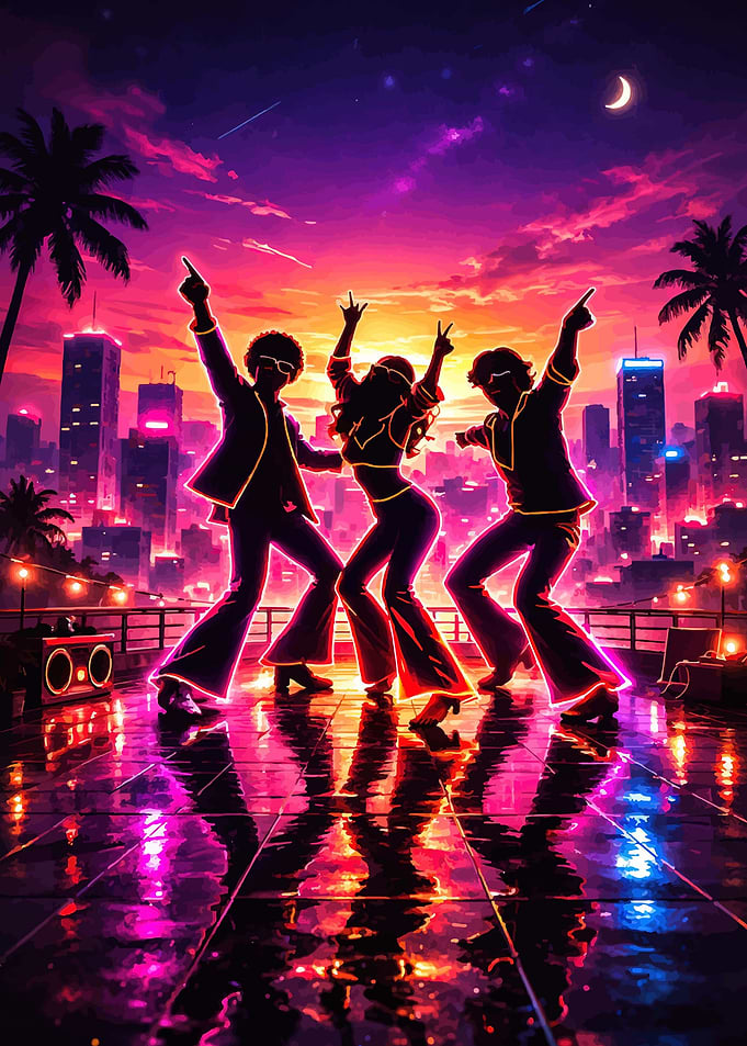 Disco Dancers in Neon Cityscape