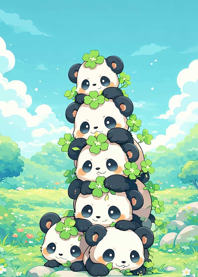 Stack of Cute Pandas with Clover