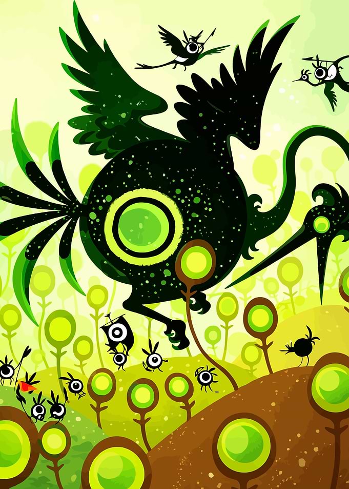 Whimsical Green Bird Creatures in a Sprout Field