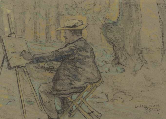 Artist painting outdoors in a forest