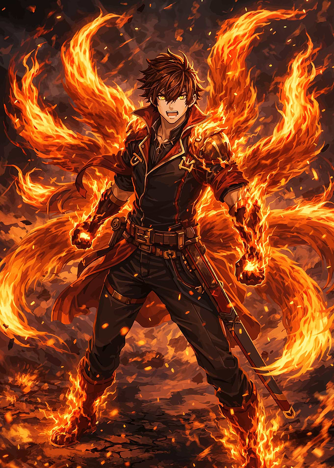 Fiery Anime Character with Nine Tails