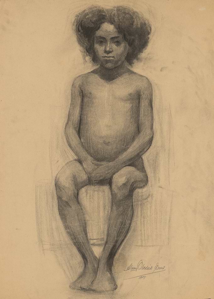 Charcoal sketch of a child sitting
