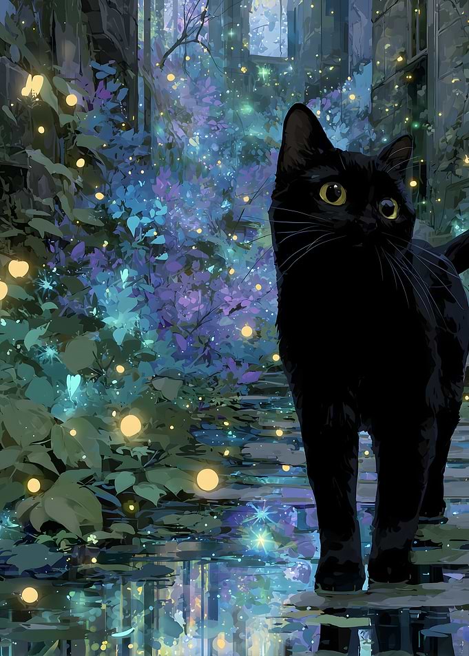 Black Cat in Enchanted Forest