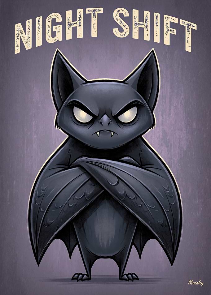 Night Shift – Angry Bat Funny Cartoon Poster