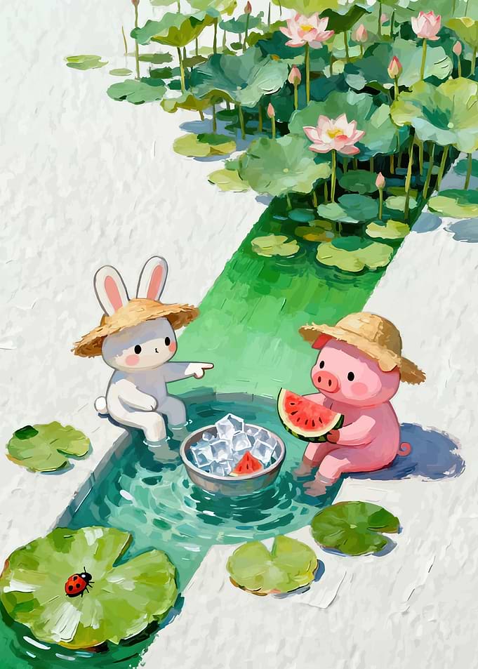 Cute bunny and pig enjoying watermelon by lotus pond