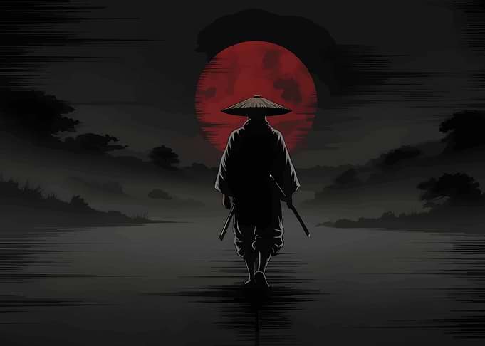 Samurai Walking Towards Red Moon