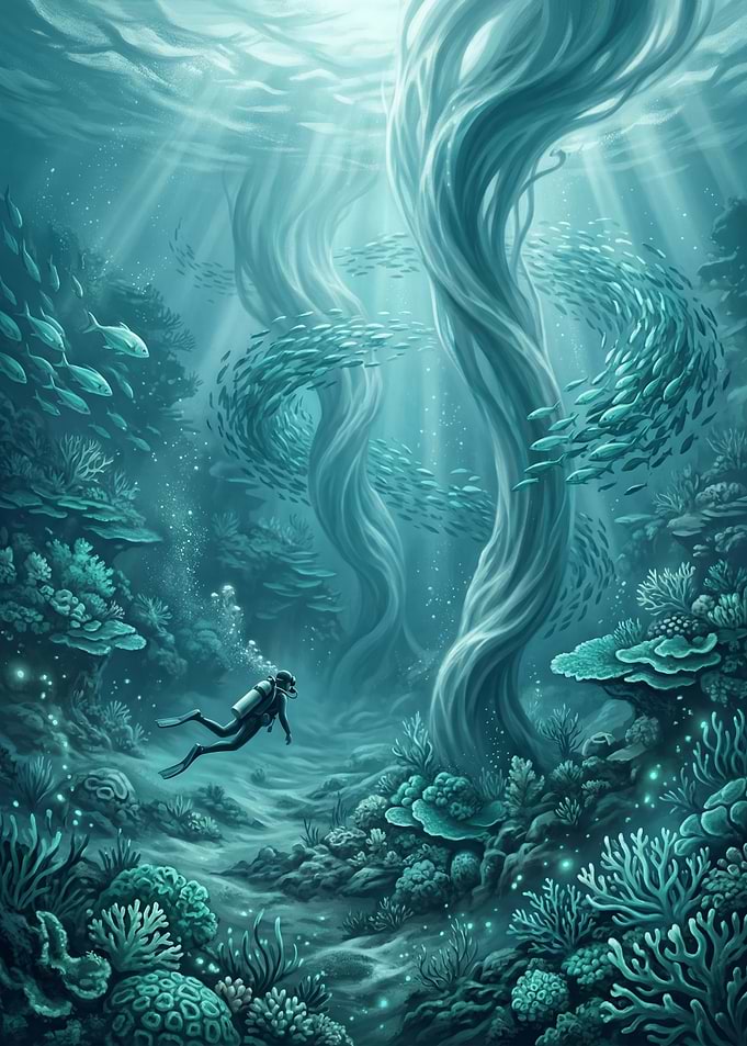 Scuba Diver in a Surreal Underwater Forest