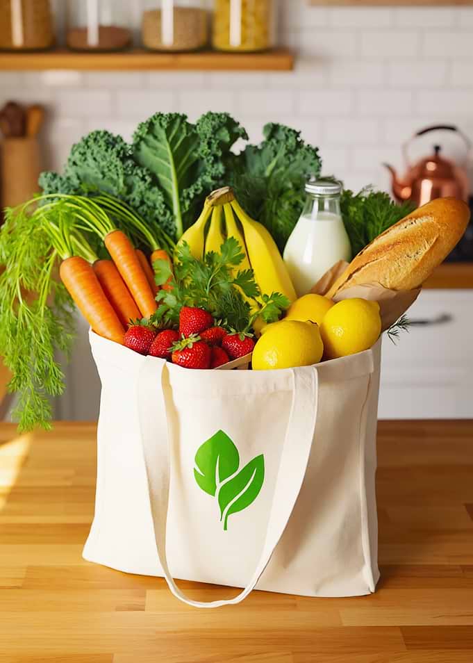 Reusable grocery bag filled with fresh produce