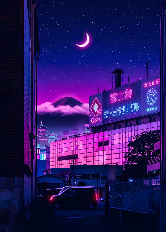 Cyberpunk Cityscape with Mount Fuji