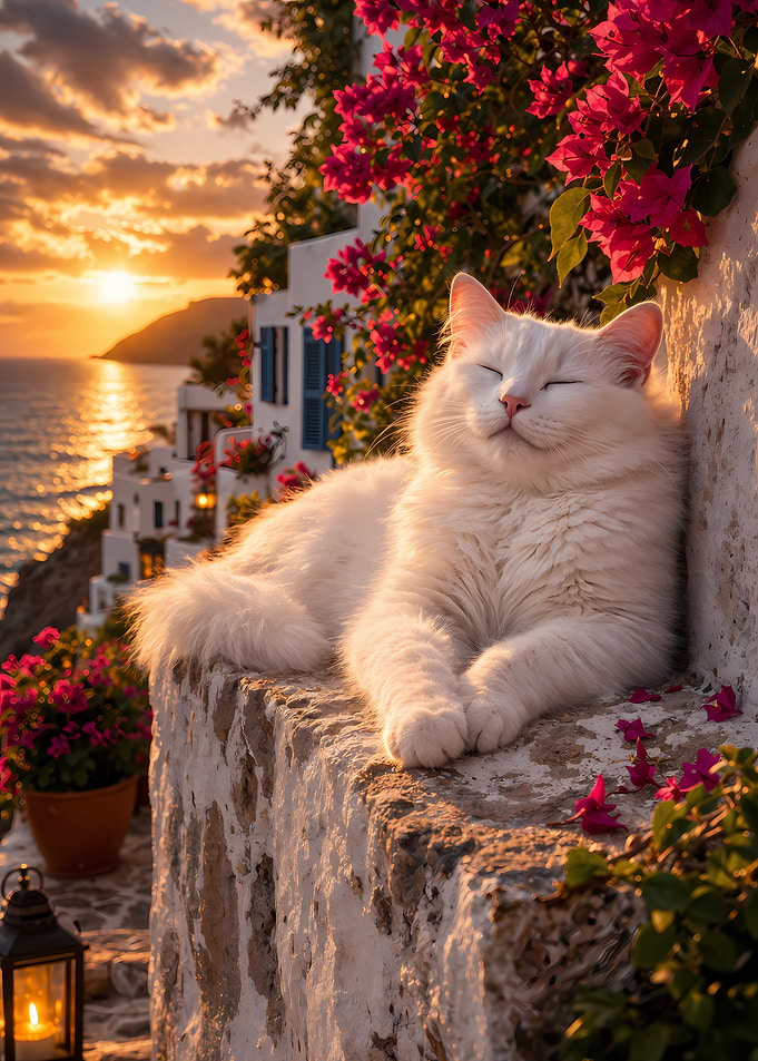 White cat enjoying sunset by the sea