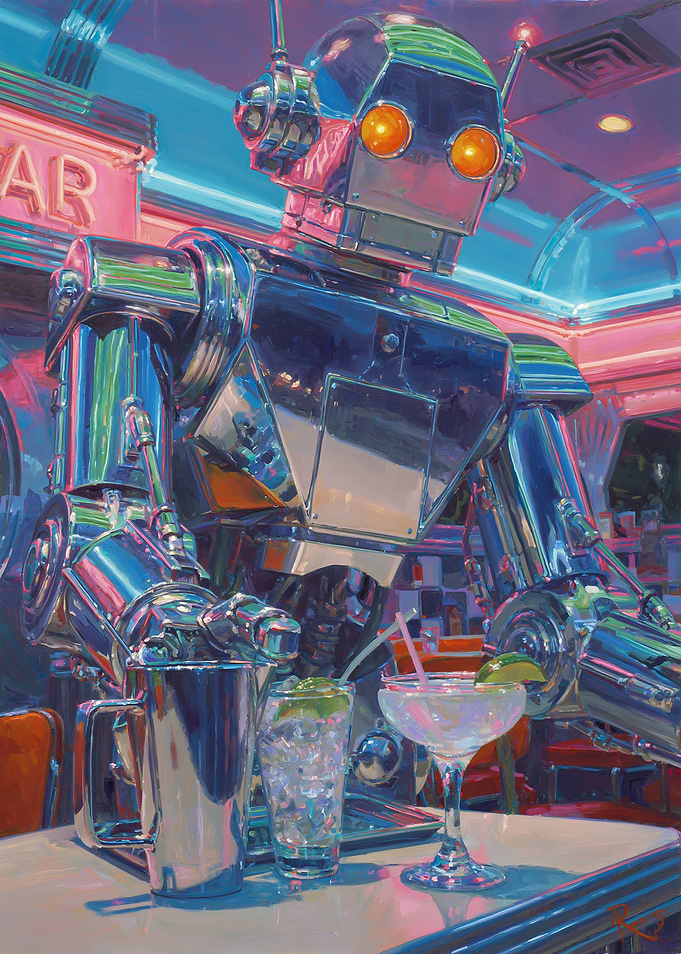 Robot Bartender in a Retro Diner