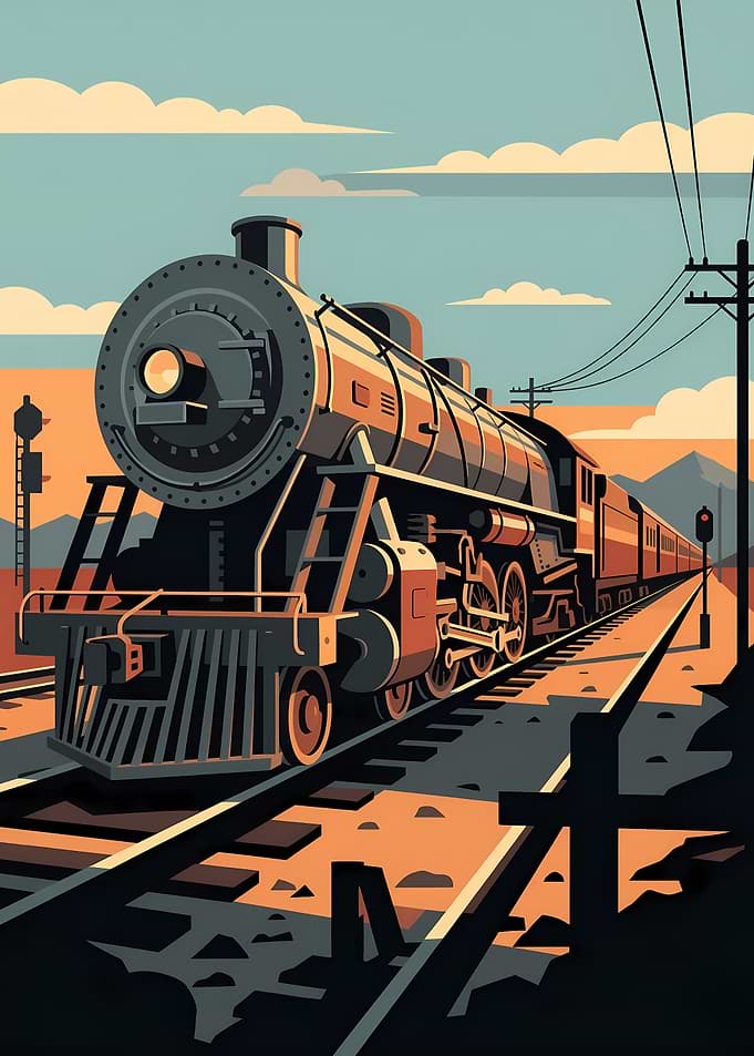 Vintage Steam Train Graphic Art Illustration