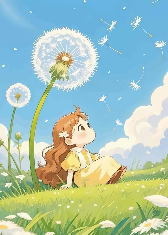 Girl blowing dandelion seeds in a field