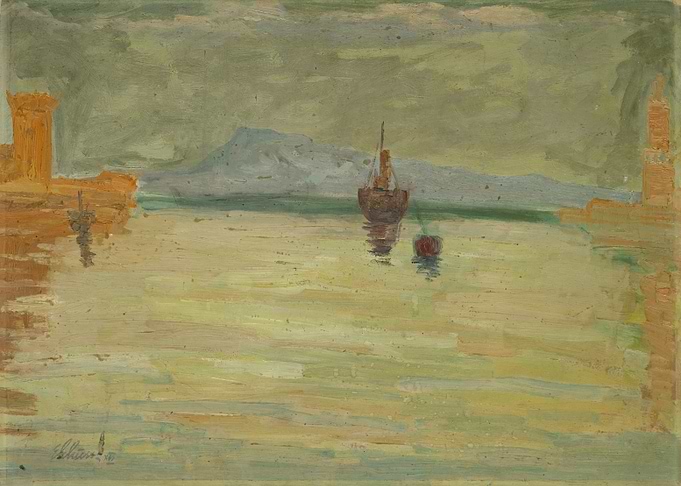 Boats in a Harbor with Distant Mountains