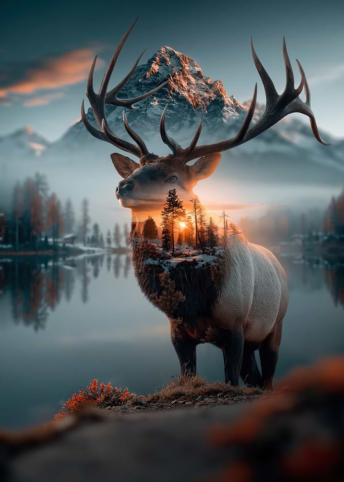 Double Exposure Elk in Mountain Landscape
