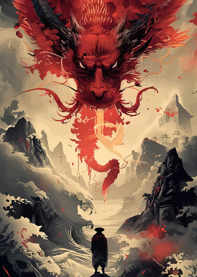 Dragon Overlooking a Warrior