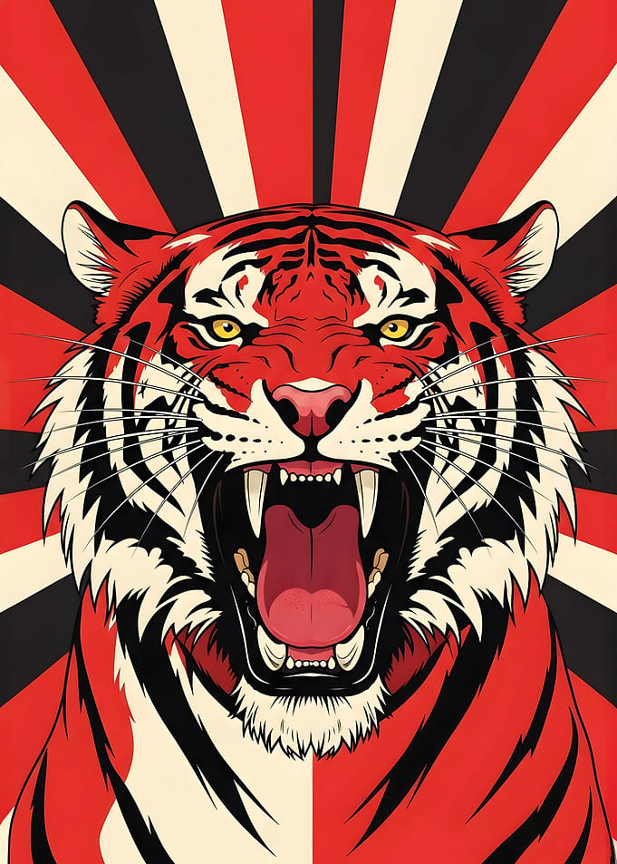 Roaring Tiger with Red and Black Background
