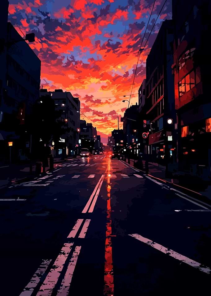 Anime City Street at Sunset