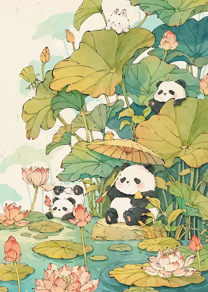 Pandas and Bunnies in a Lotus Pond