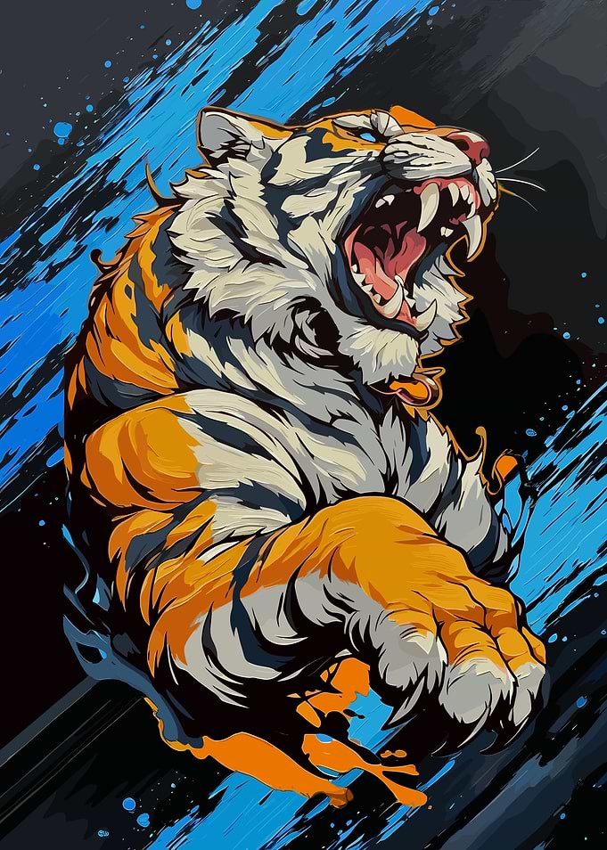 Fierce Tiger Roaring with Blue Splashes